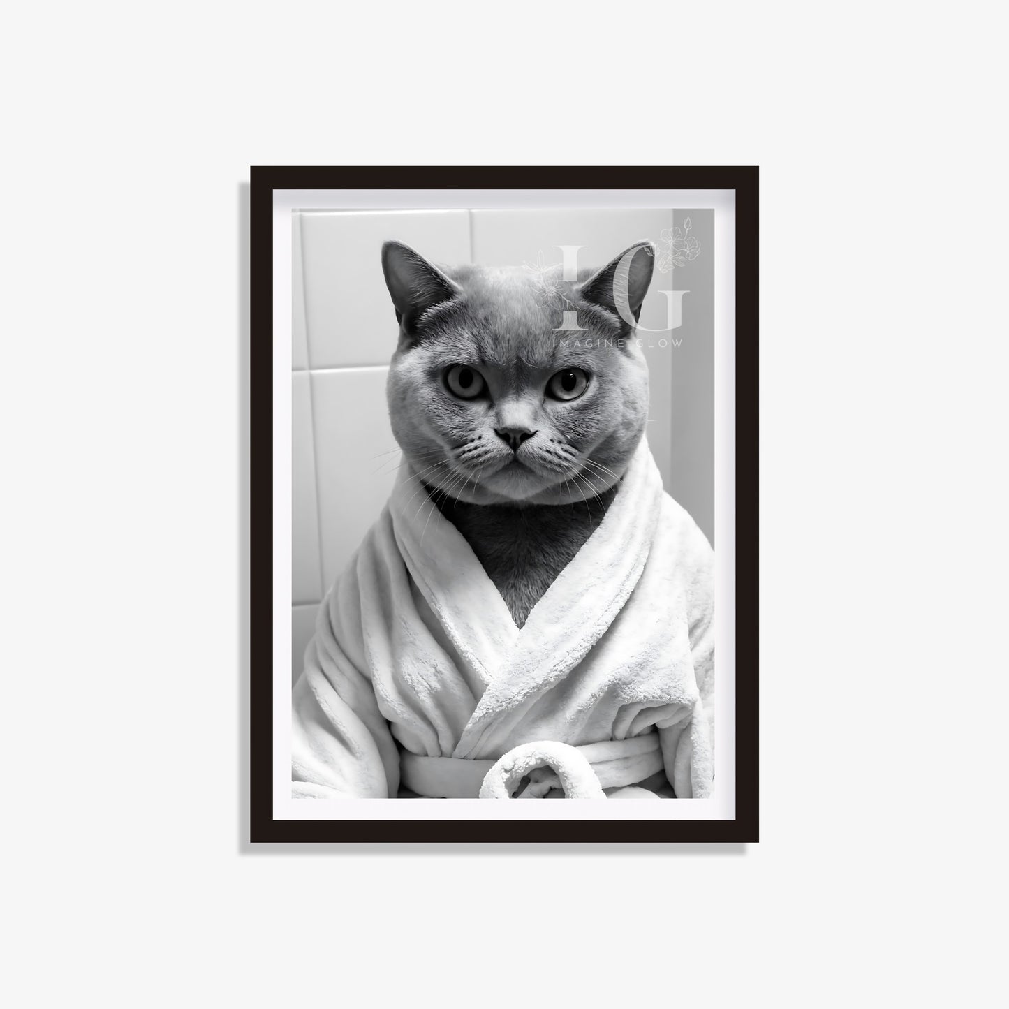 Printable funny bathroom wall art featuring a British Shorthair cat in a bathroom.