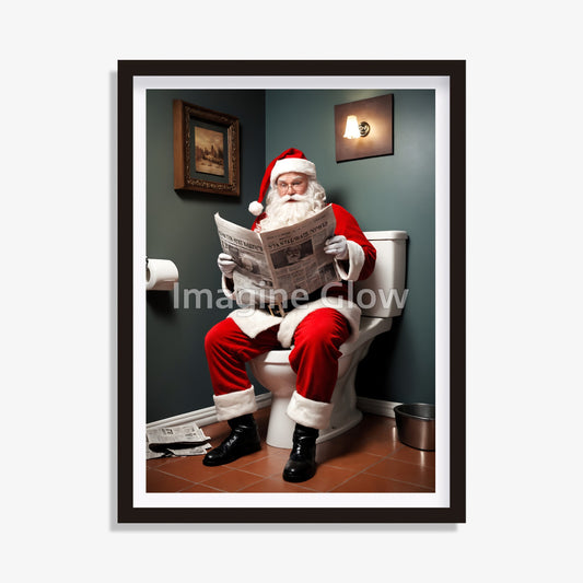 Festive holiday decor featuring Santa Claus reading a newspaper, available as printable art.
