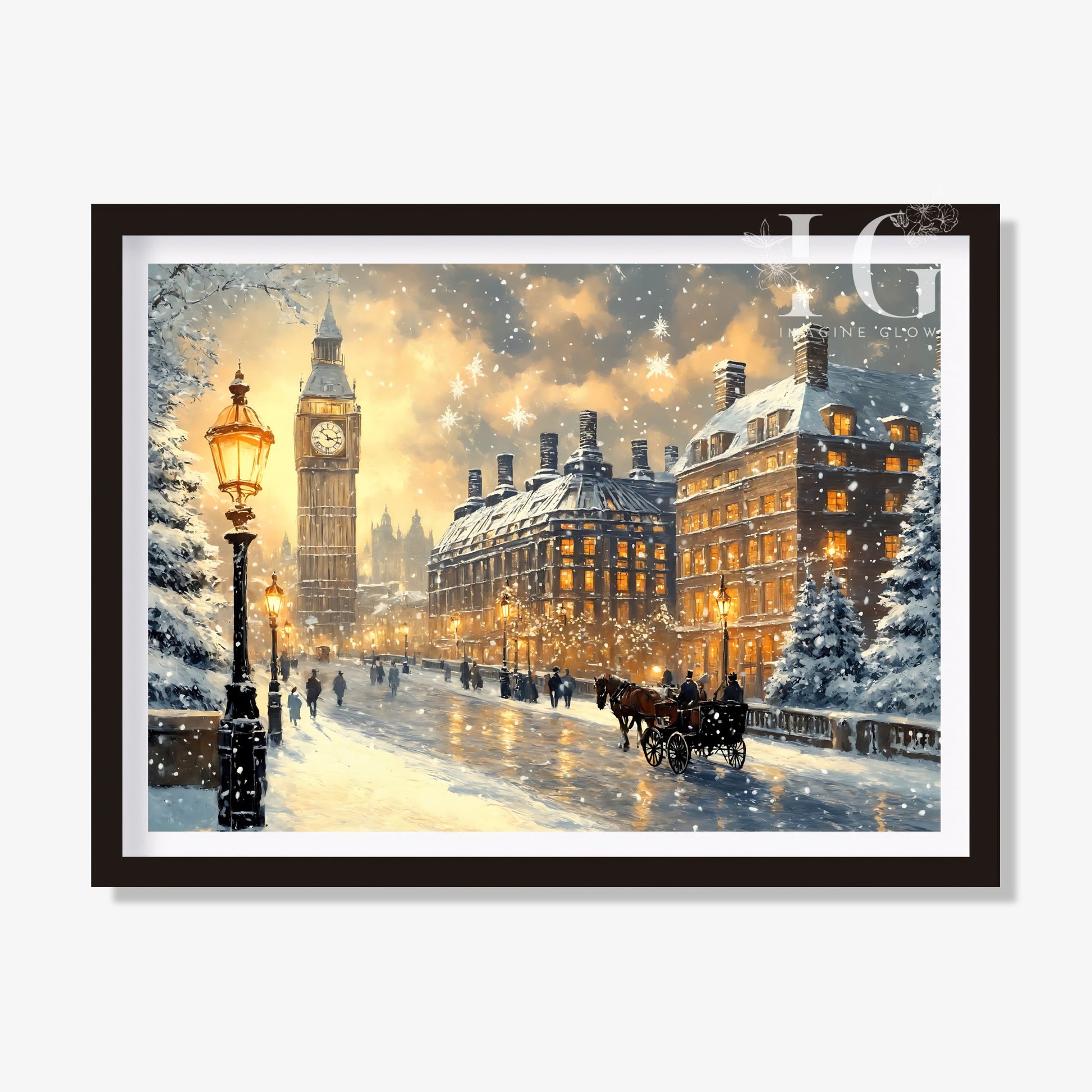 Vibrant Christmas city art print featuring a festive cityscape with holiday lights