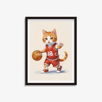 Cat playing basketball illustration, ideal for adding a playful touch to your home.