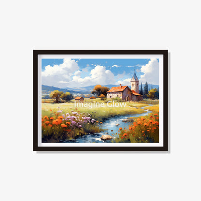 Printable art of farmhouse surrounded by blooming flowers