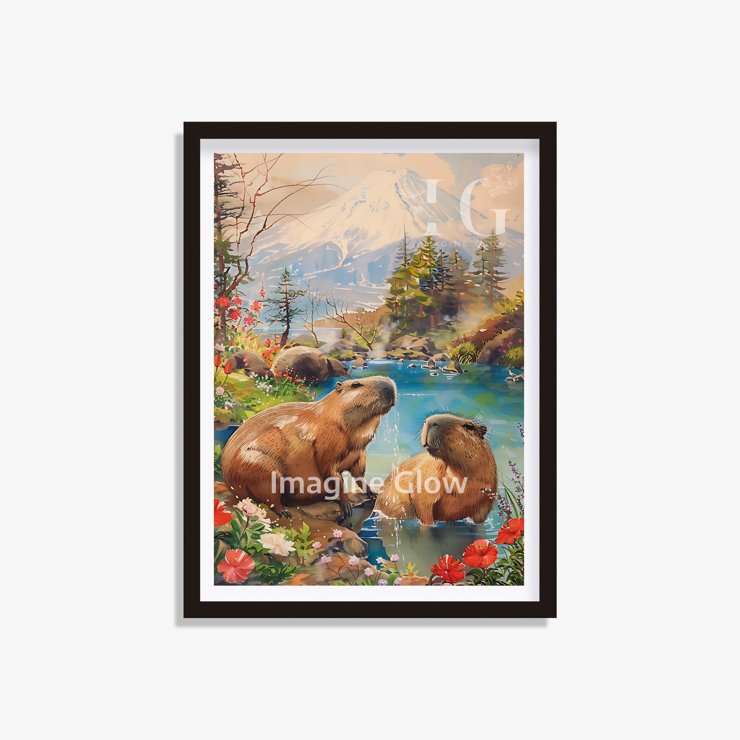 Capybaras in an onsen illustration, perfect for unique and tranquil Japanese bathroom wall decor.