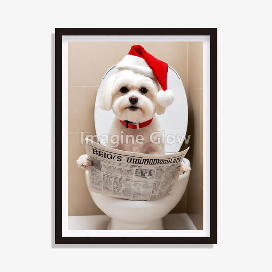 Bathroom Christmas Print - Maltese Dog in Toilet