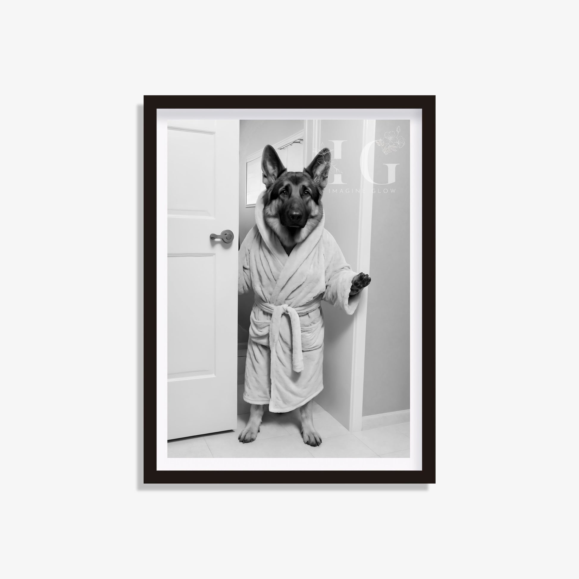 Cute German Shepherd in bathrobe illustration adding charm to bathroom wall art