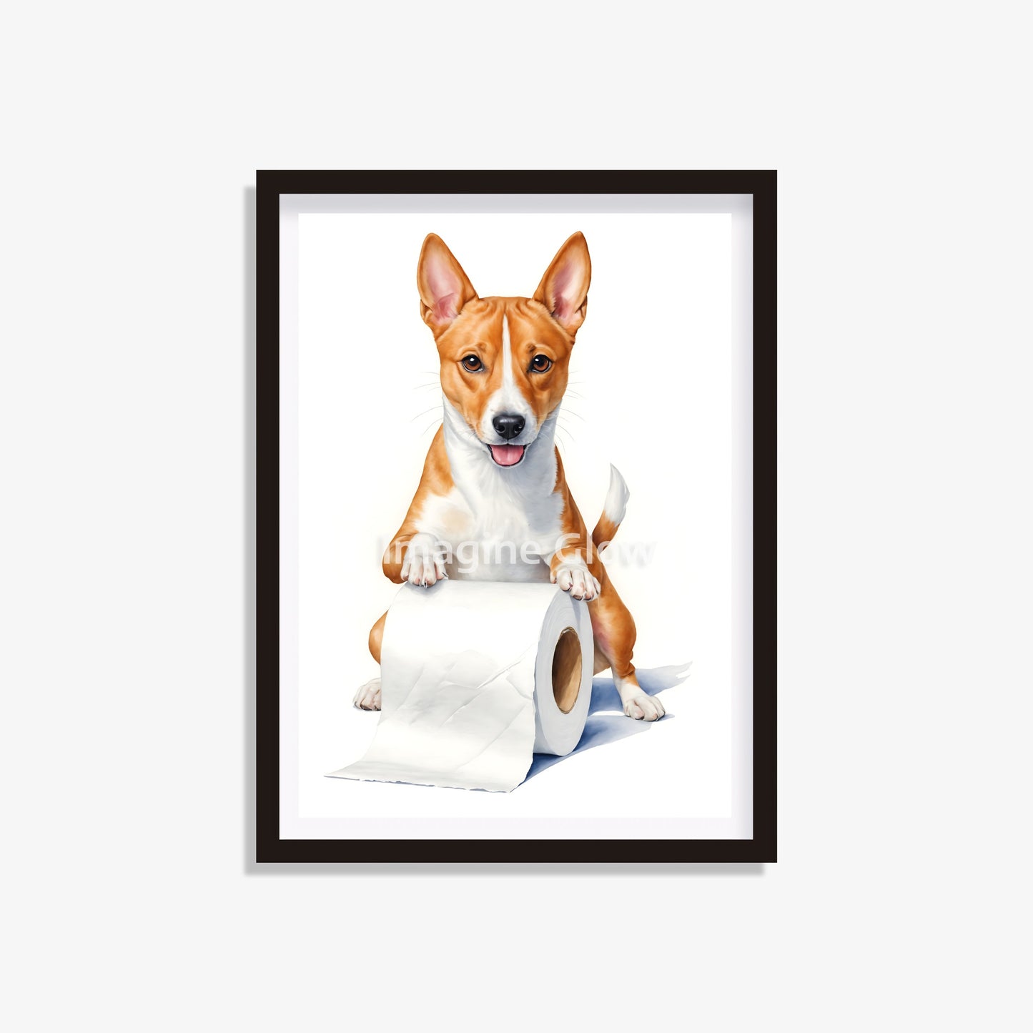 Basenji dog in toilet printable with a funny dog illustration