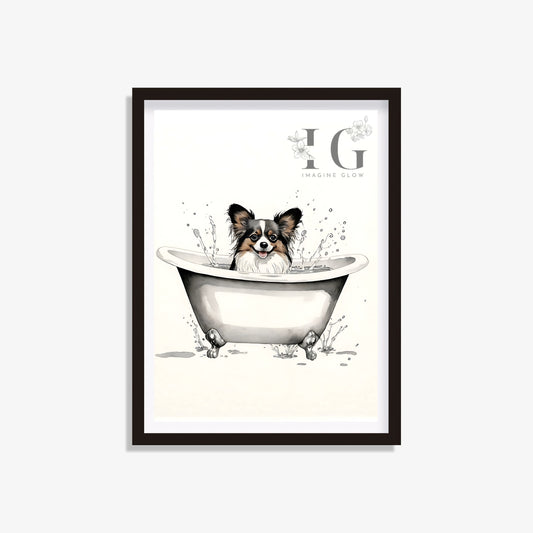 Papillon dog in bathtub printable featuring a cute and colorful illustration