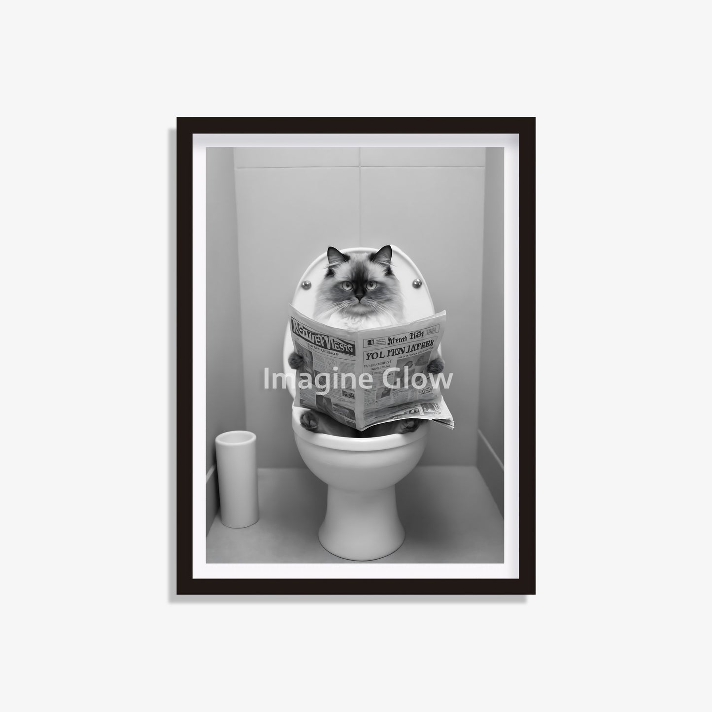 Printable bathroom art showcasing a Ragdoll cat with a newspaper