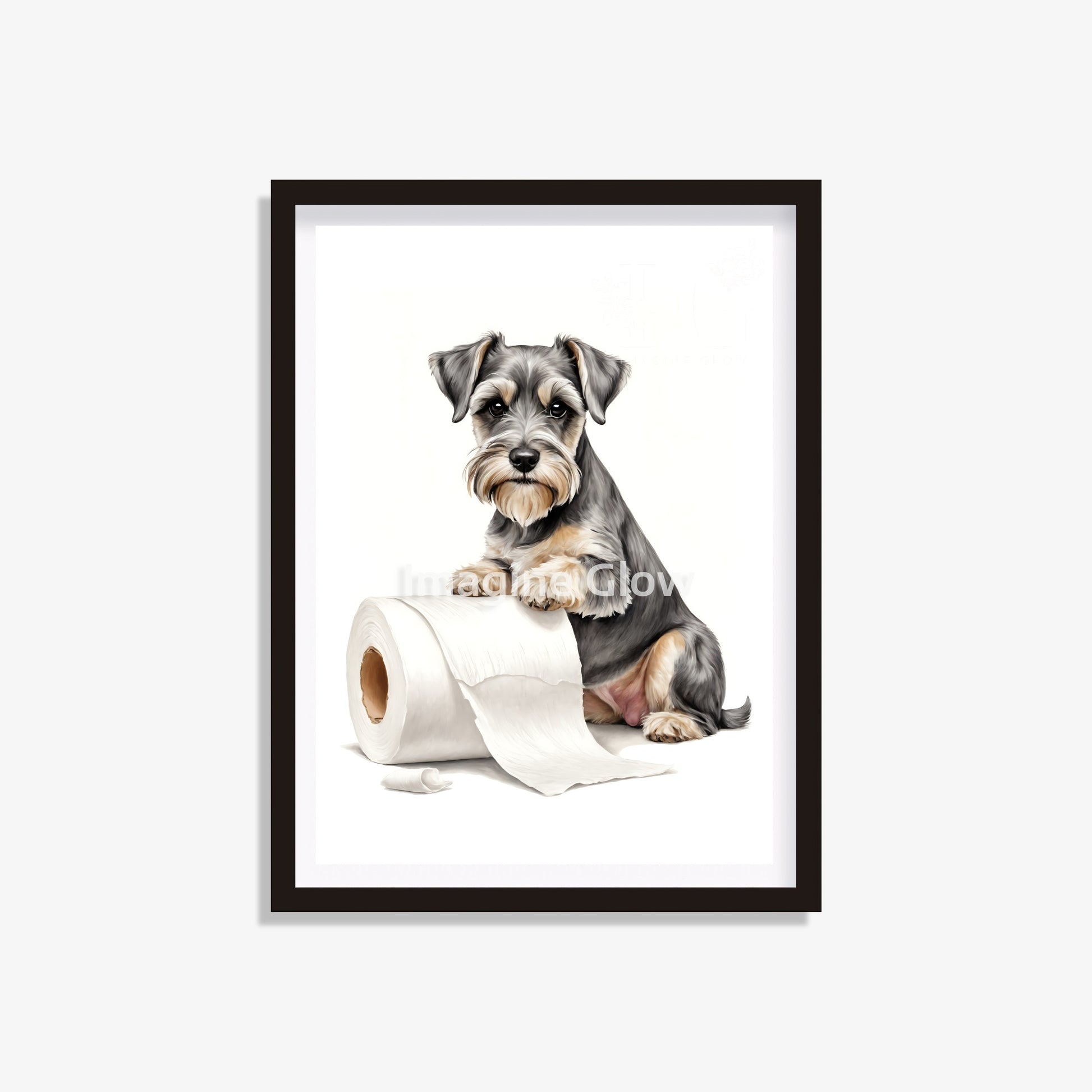 Lighthearted illustration of a Schnauzer on a toilet for fun bathroom art