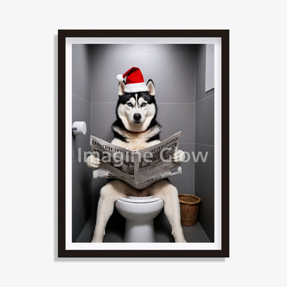 Christmas bathroom printable with a Siberian Husky in a toilet.