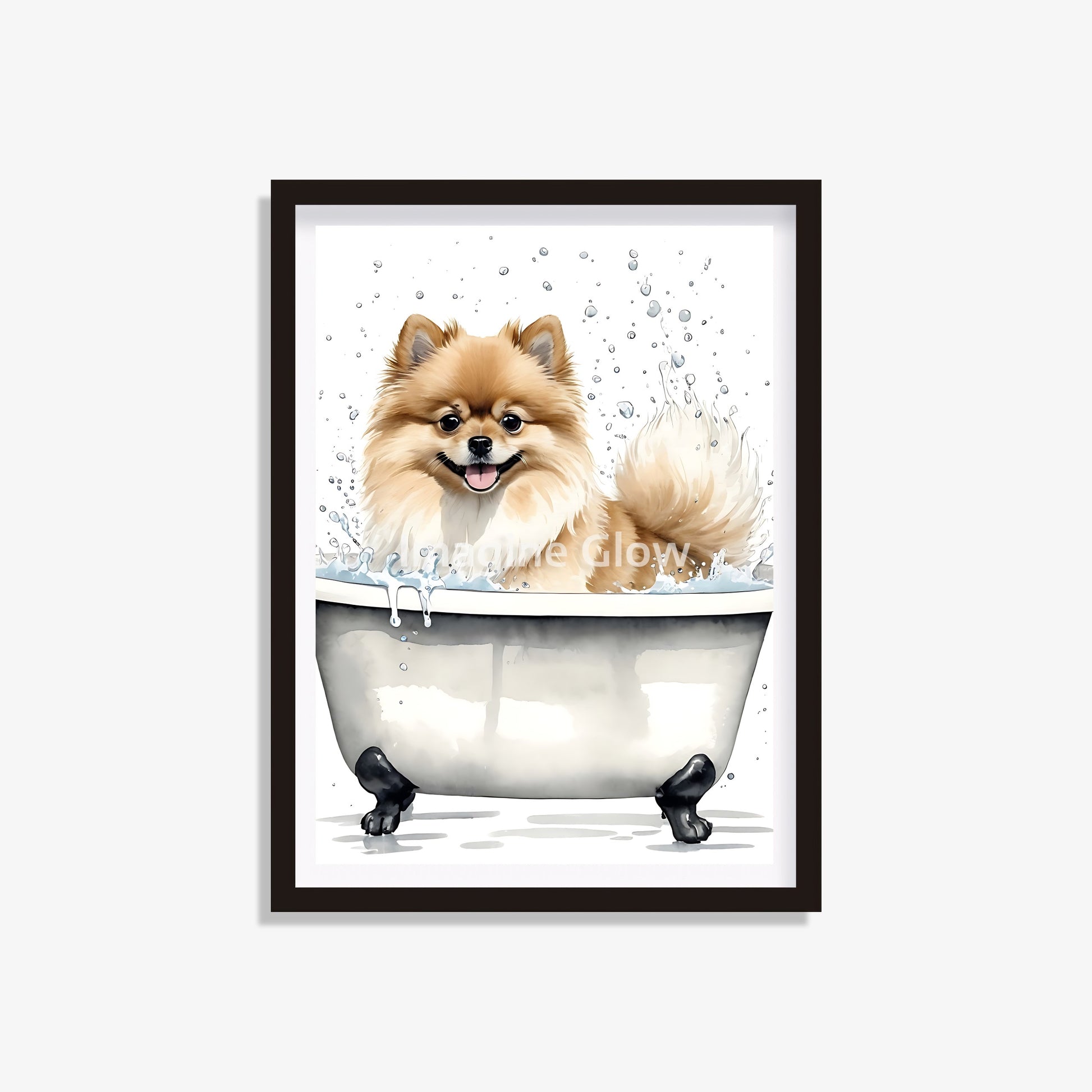 Pomeranian in bathtub printable featuring a funny and colorful illustration