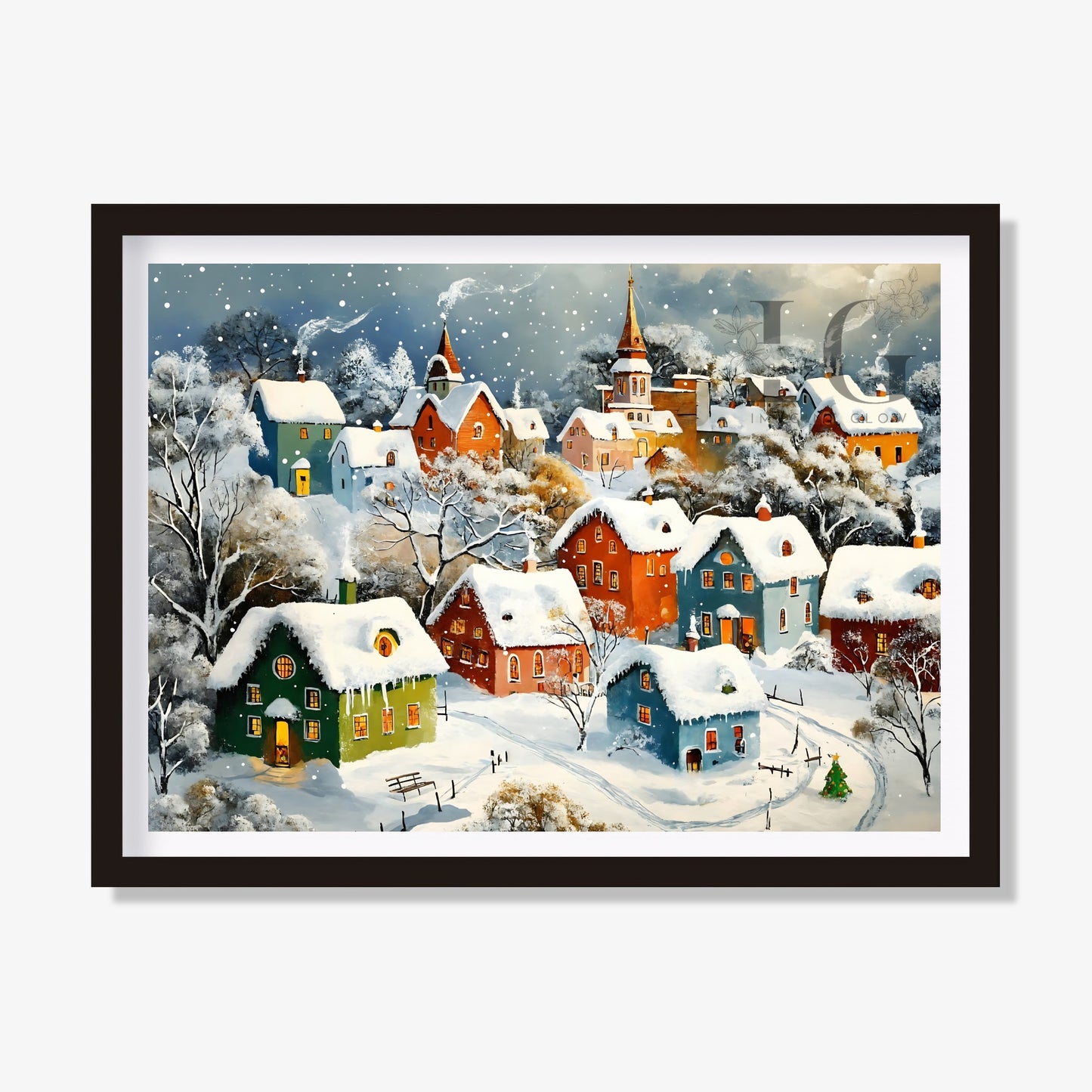 Colorful Christmas village art printable showcasing festive holiday scenes