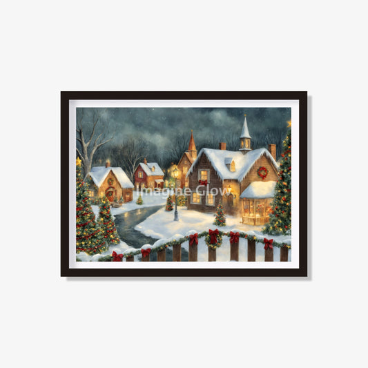 Christmas village art printable with snow-covered houses and festive lights