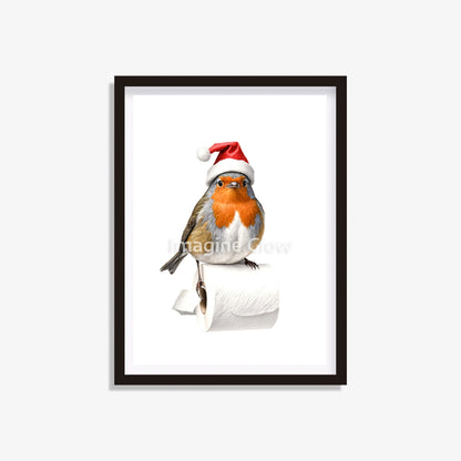 Humorous Christmas bathroom wall art showcasing a playful robin in a quirky toilet scene