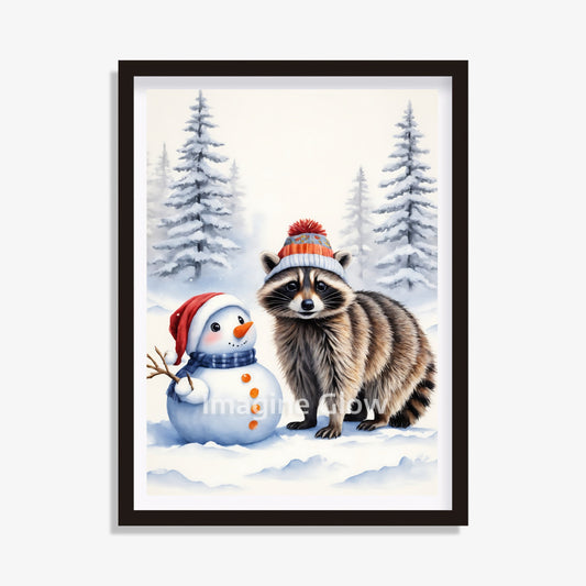 Christmas Raccoon art printable featuring a raccoon in a winter landscape, perfect for decor.