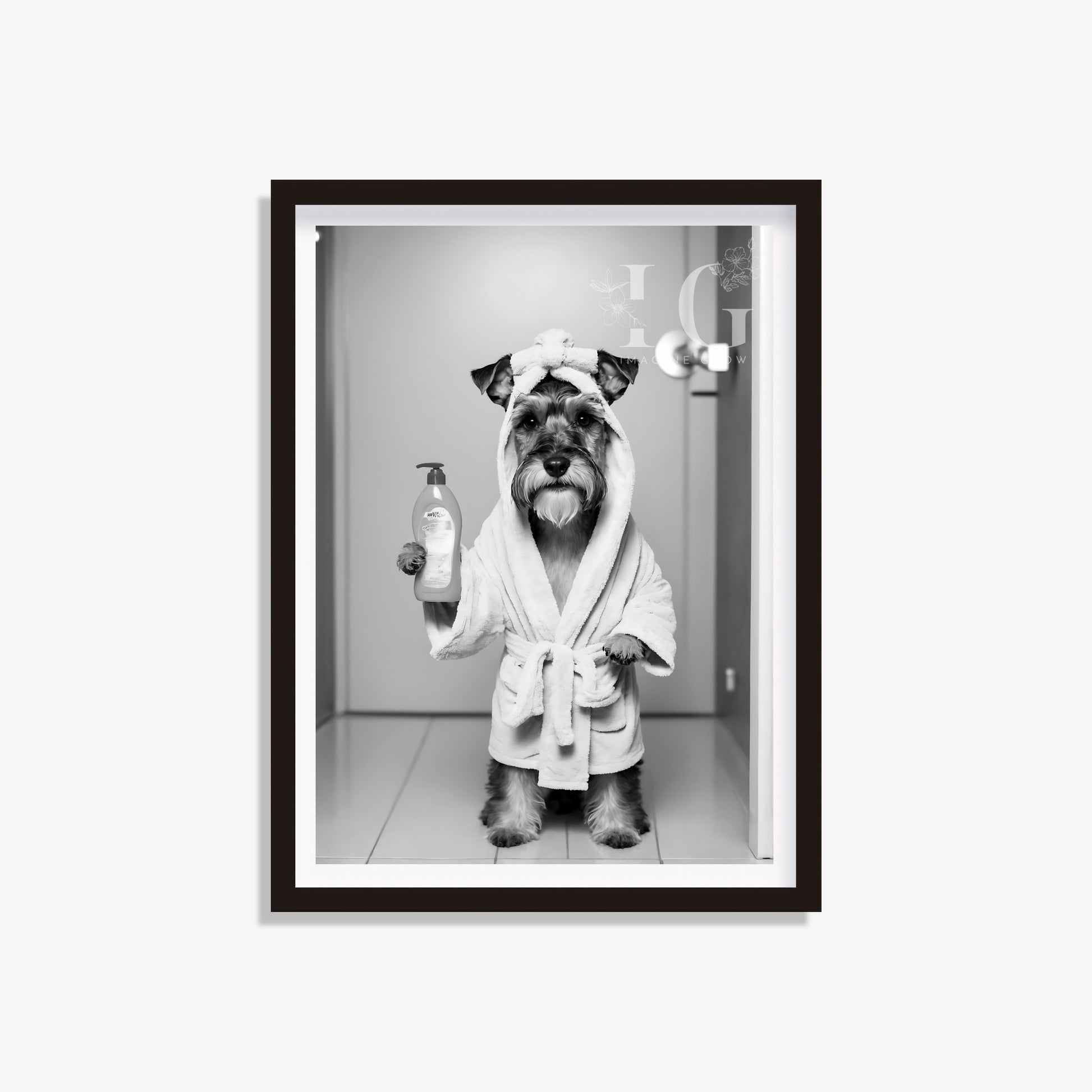 Schnauzer dog in bathrobe printable featuring a cute Schnauzer illustration