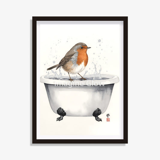 Robin bathroom artwork with robin in bathtub, printable decor.
Bathroom wall art featuring robin in a tub, instant digital download.