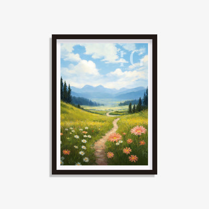 Printable art of a hiking path surrounded by colorful flowers