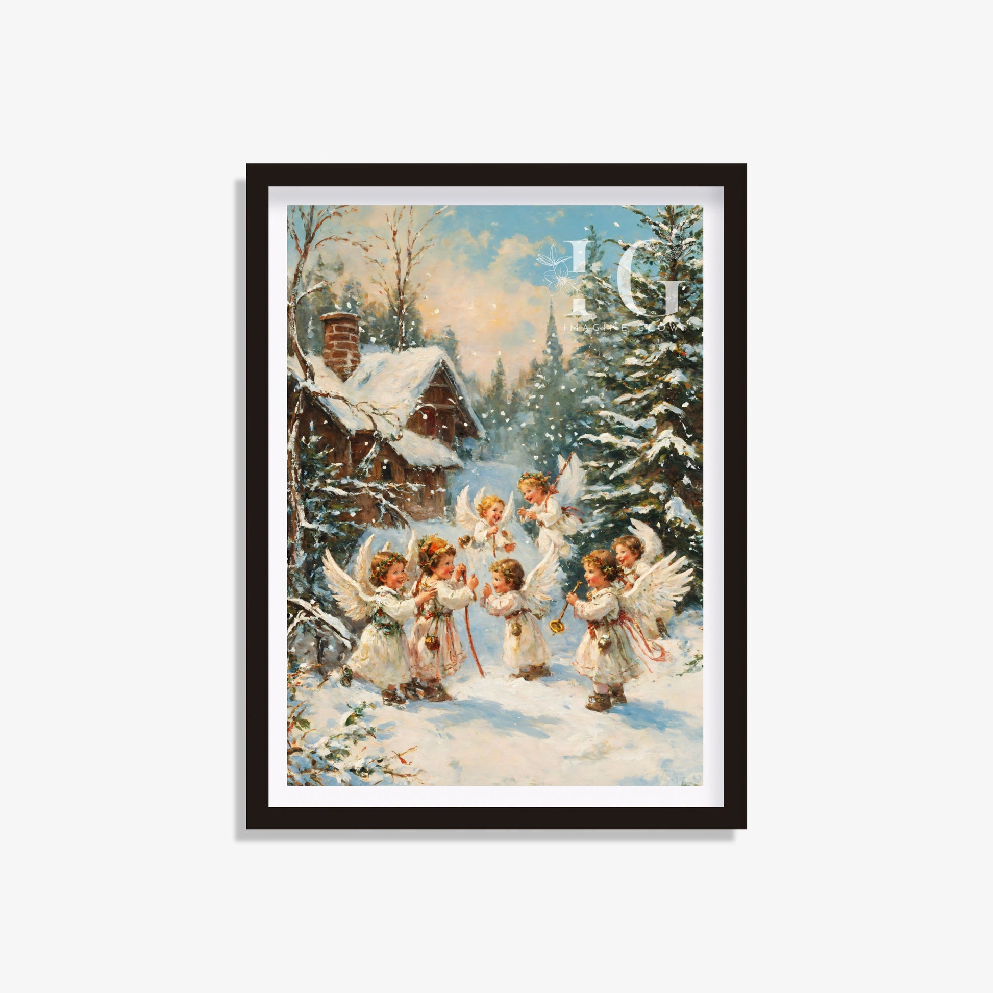 Festive print featuring Christmas elves and angels in a magical winter scene.