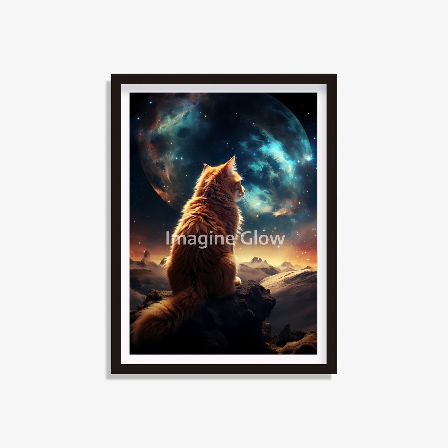 Mysterious cat art print with galaxy background