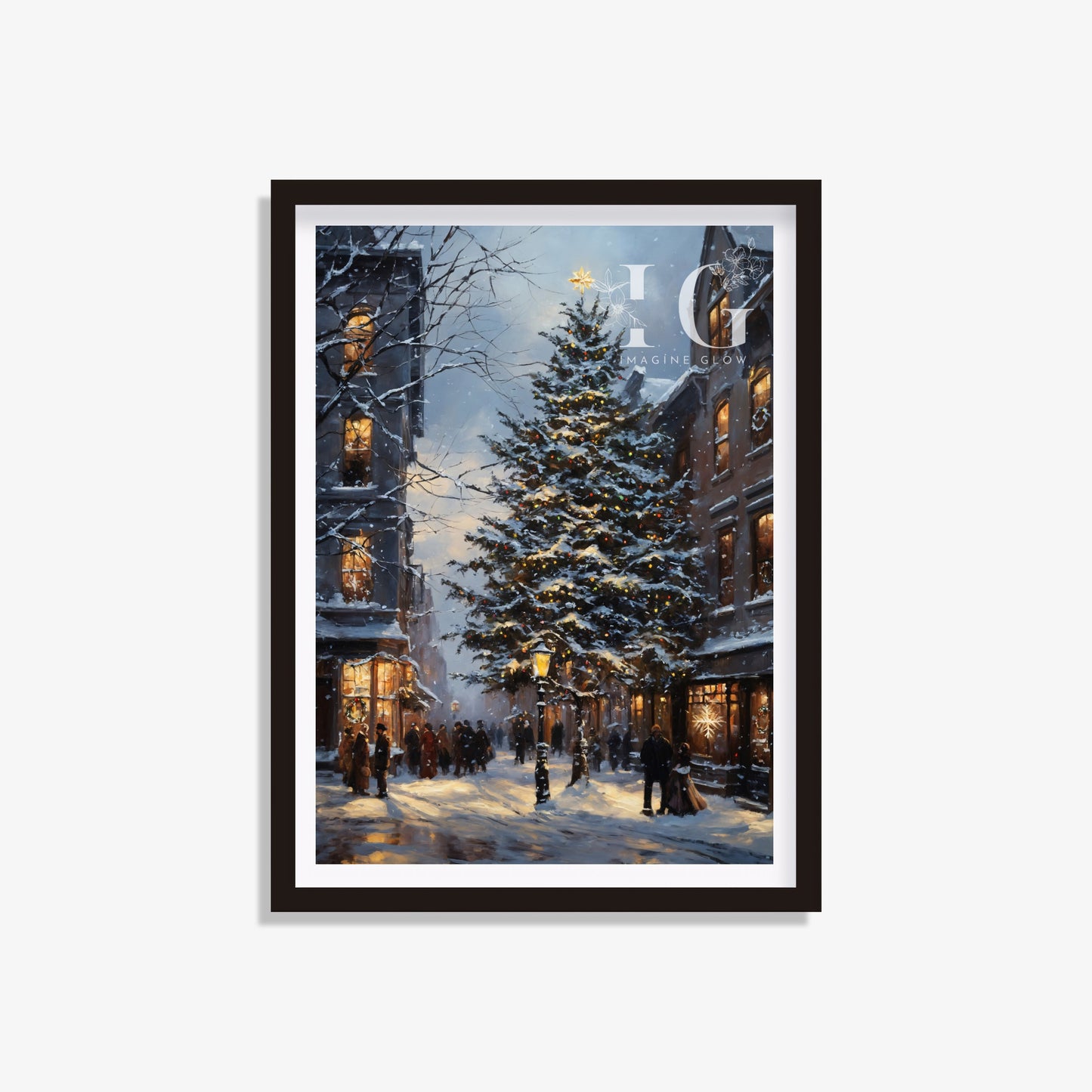 Charming holiday wall decor showcasing a snow-covered Christmas street with decorations.