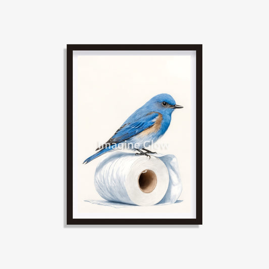 Printable bathroom wall art featuring a bluebird in the toilet.