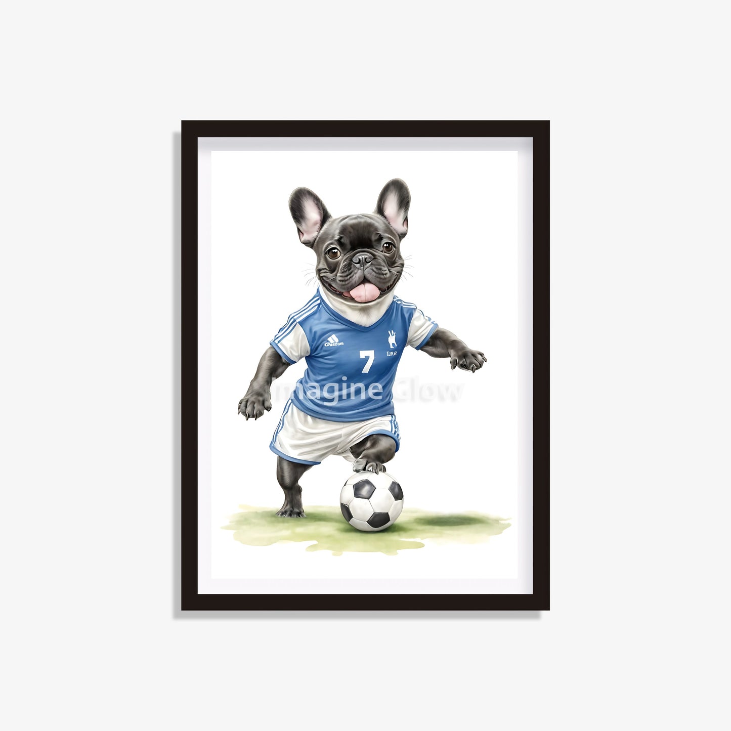 Funny French Bulldog design in a soccer theme, ideal for sports decor.