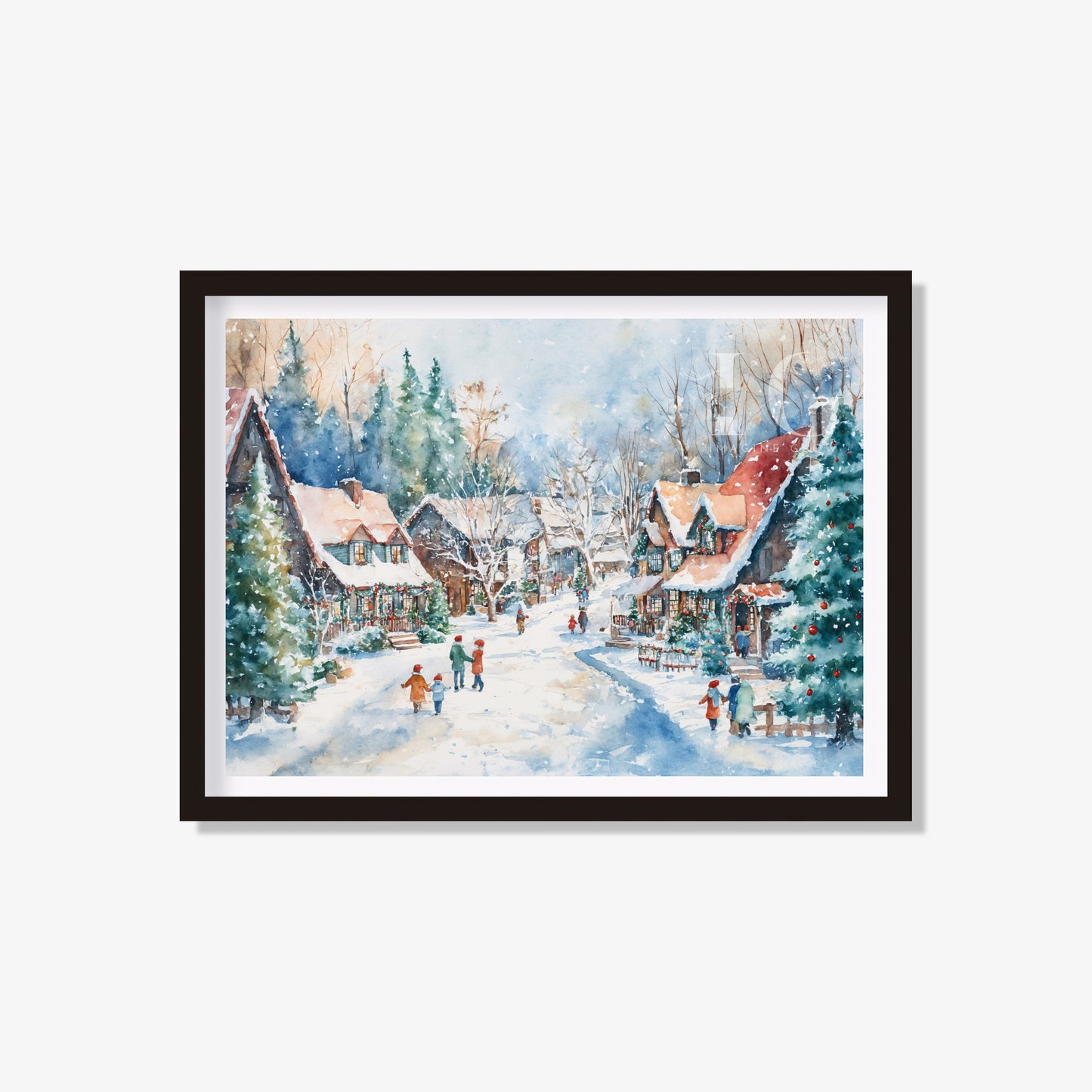 Printable Christmas village art showcasing a snow-covered scene with holiday lights