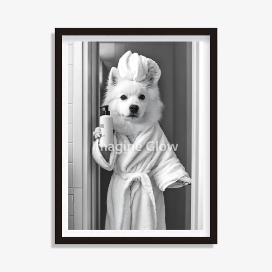 Samoyed dog in toilet black and white artwork.
Humorous Samoyed bathroom decor printable
