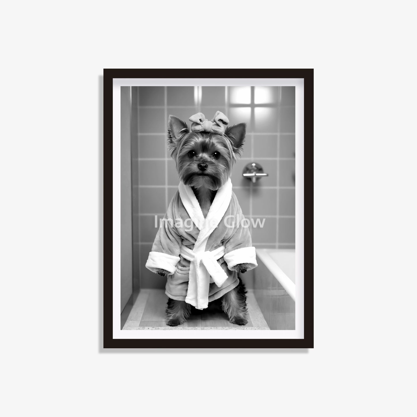 Yorkshire Terrier in a bathrobe, whimsical bathroom wall art