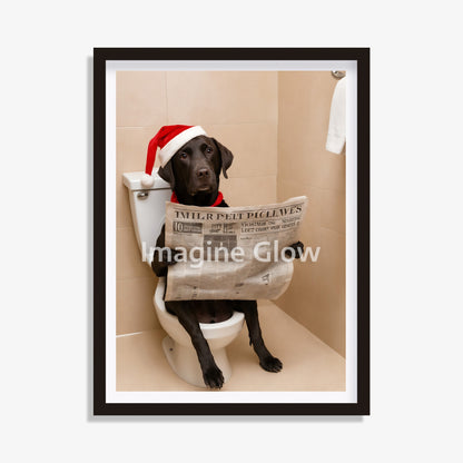 Labrador Retriever dog in toilet Christmas printable wall art for bathroom decor.