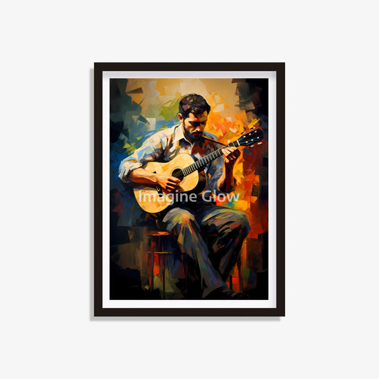 Printable art of a man playing guitar with musical energy