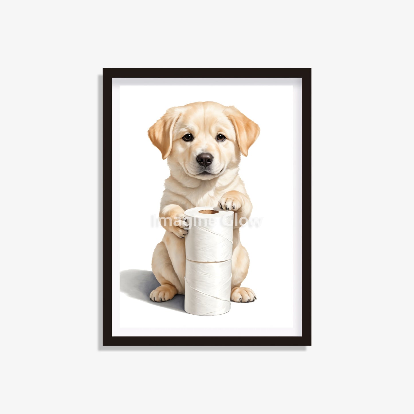 Humorous bathroom wall art featuring a Labrador in a quirky toilet scene