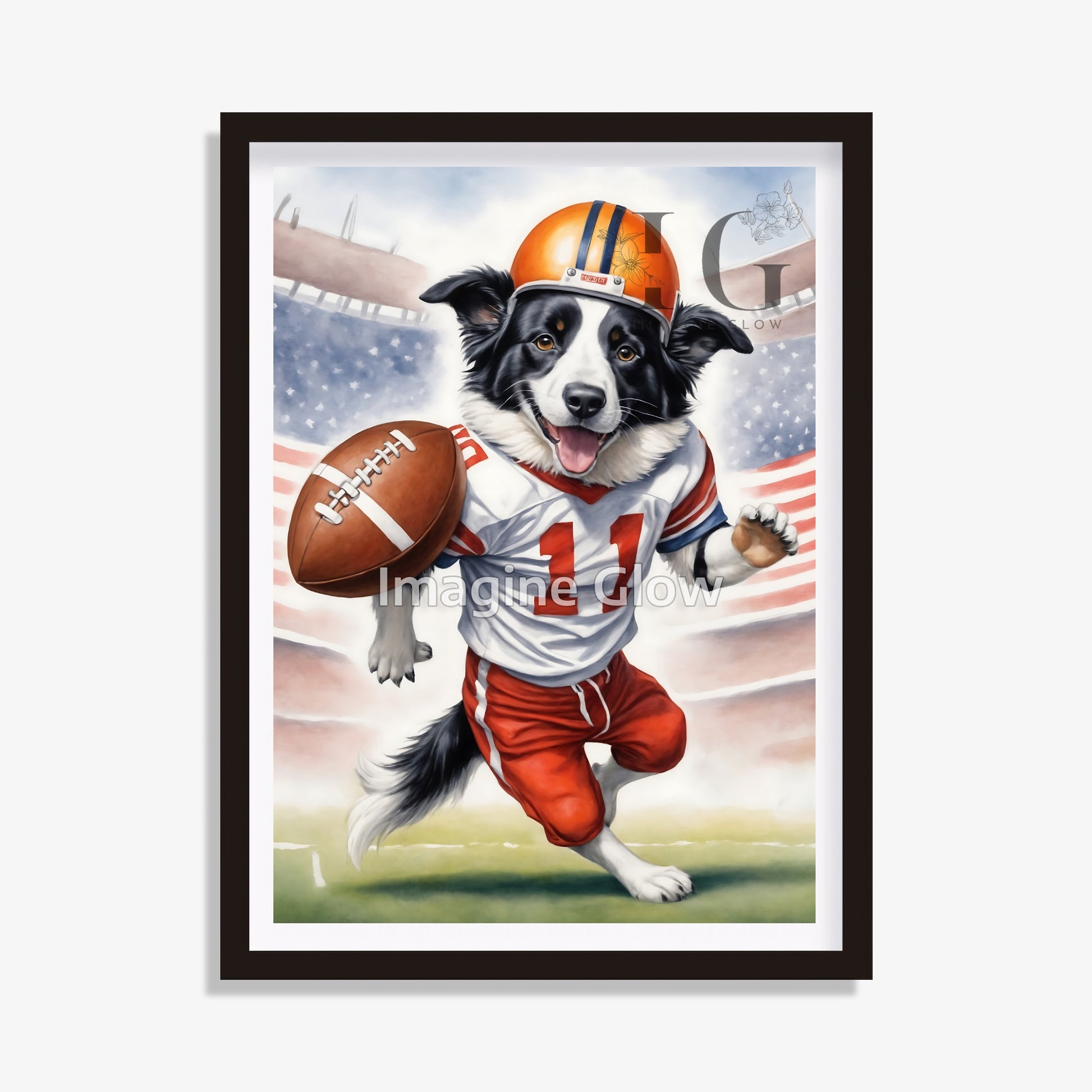 Printable Border Collie dog football art for humorous sport decor.