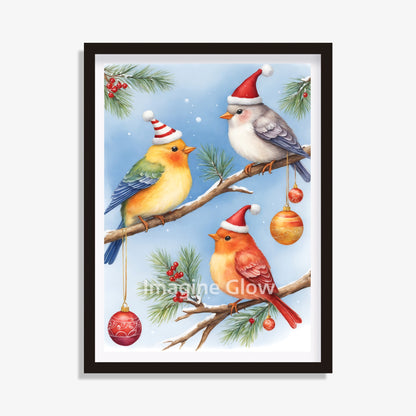 Christmas bird art print with festive holiday accents.