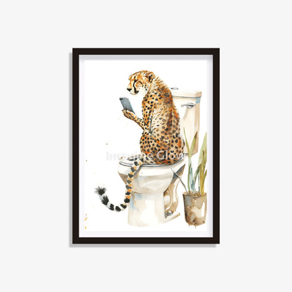 Printable bathroom art featuring a cheetah in the toilet