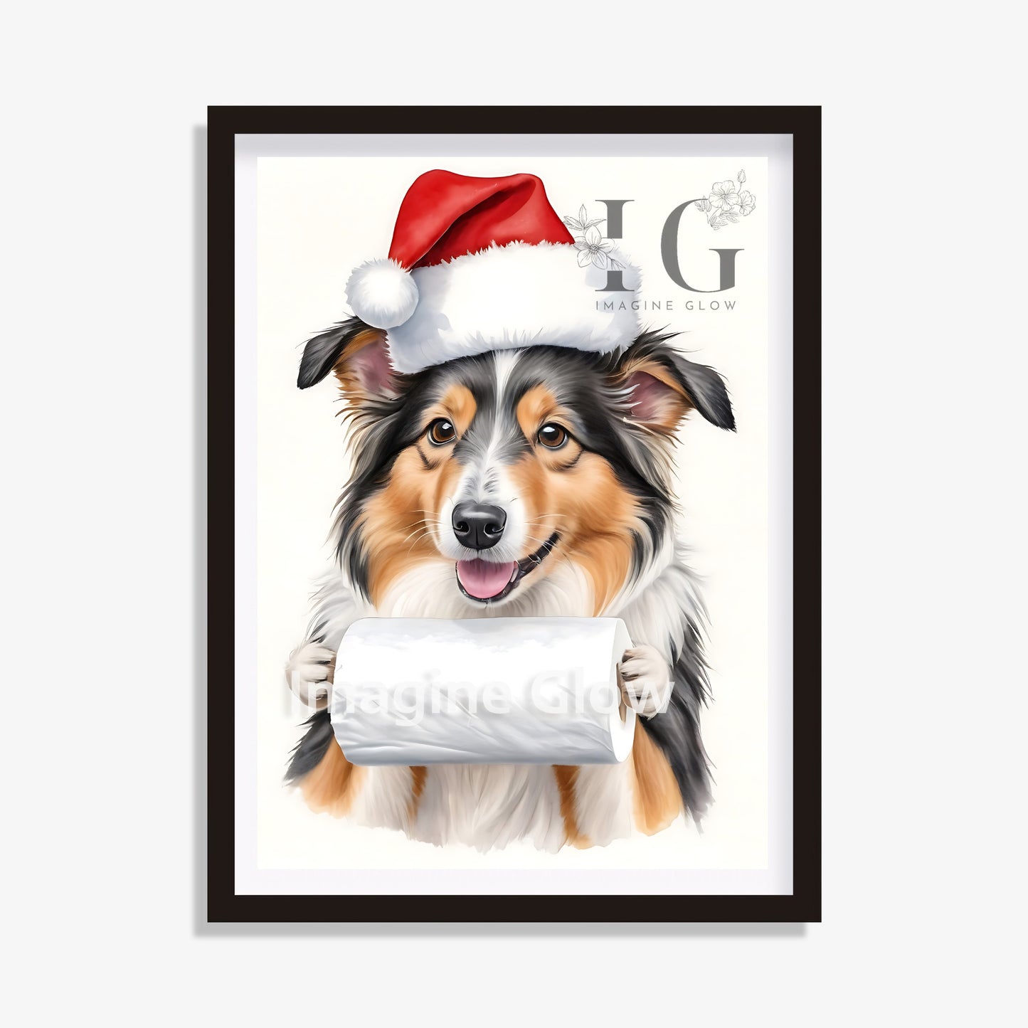 Collie Sheltie Dog in toilet Christmas printable art for bathroom decor.