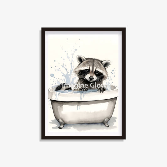 Raccoon in the bathtub printable featuring a cute and colorful illustration