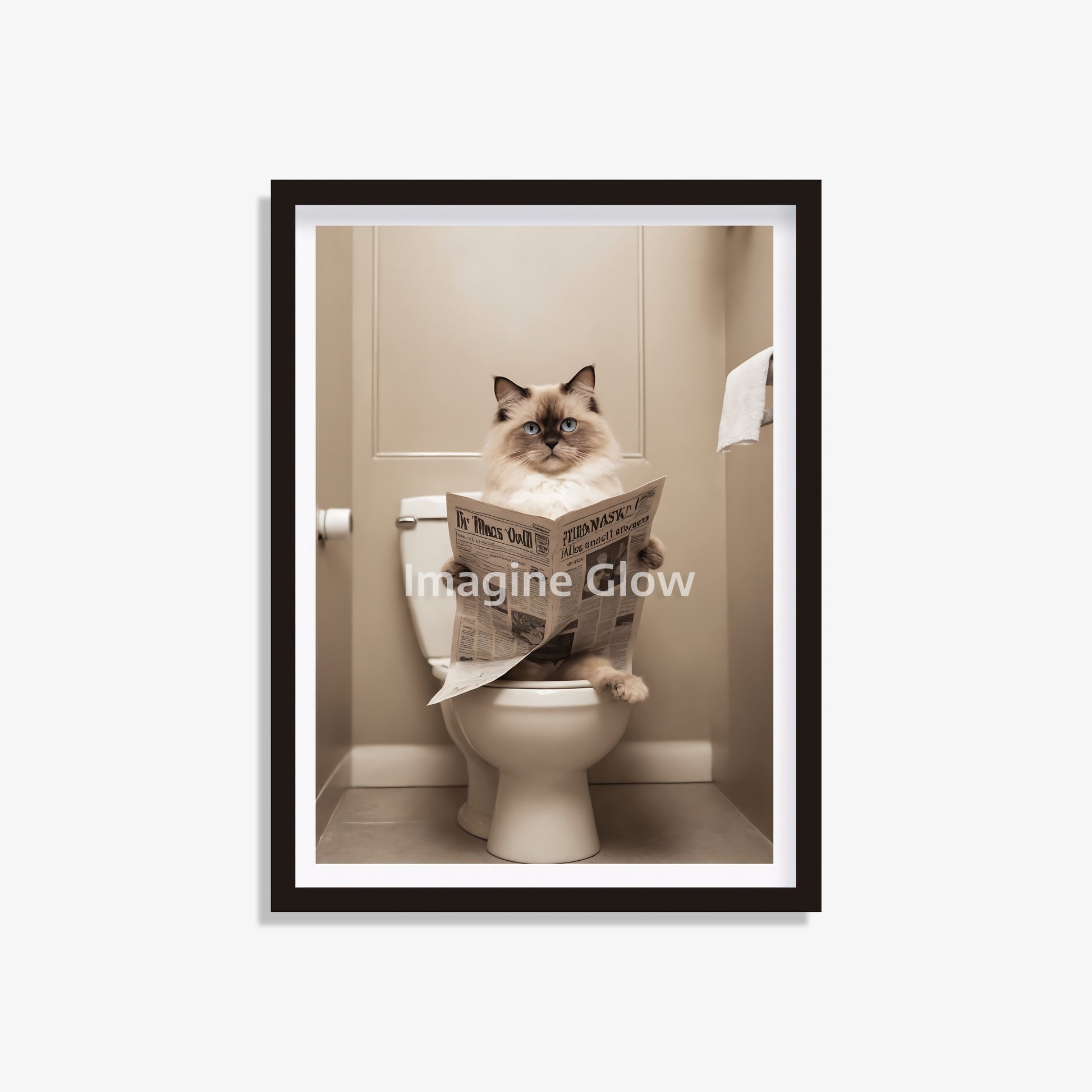 Ragdoll cat reading a newspaper on the toilet, funny bathroom wall art