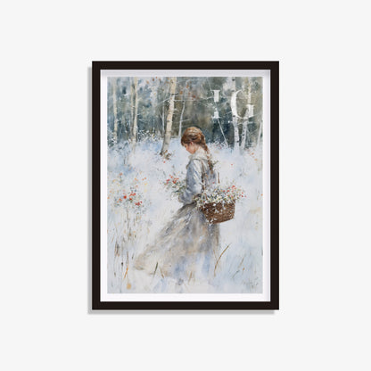 Winter forest scene with vintage girl portrait for cozy home interiors