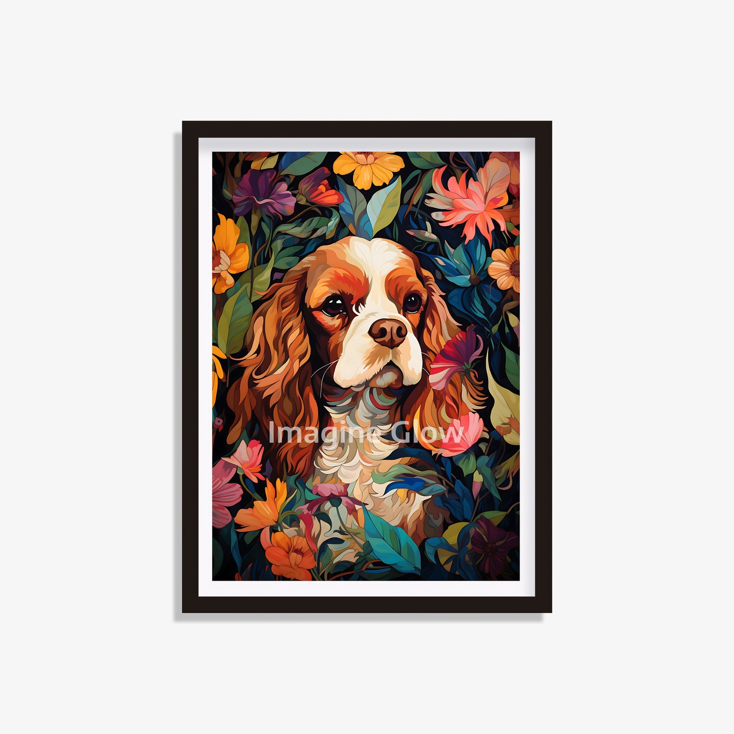 Floral Cavalier King Charles Spaniel Art featuring a charming dog illustration.