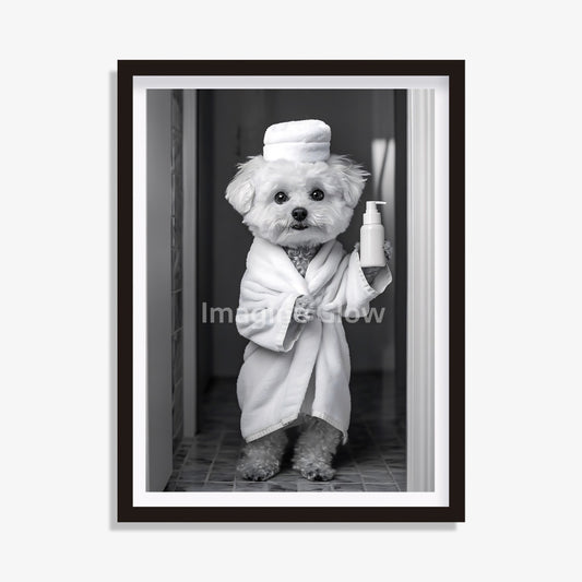 Printable bathroom wall art featuring a Bichon Frise dog in a bathrobe.