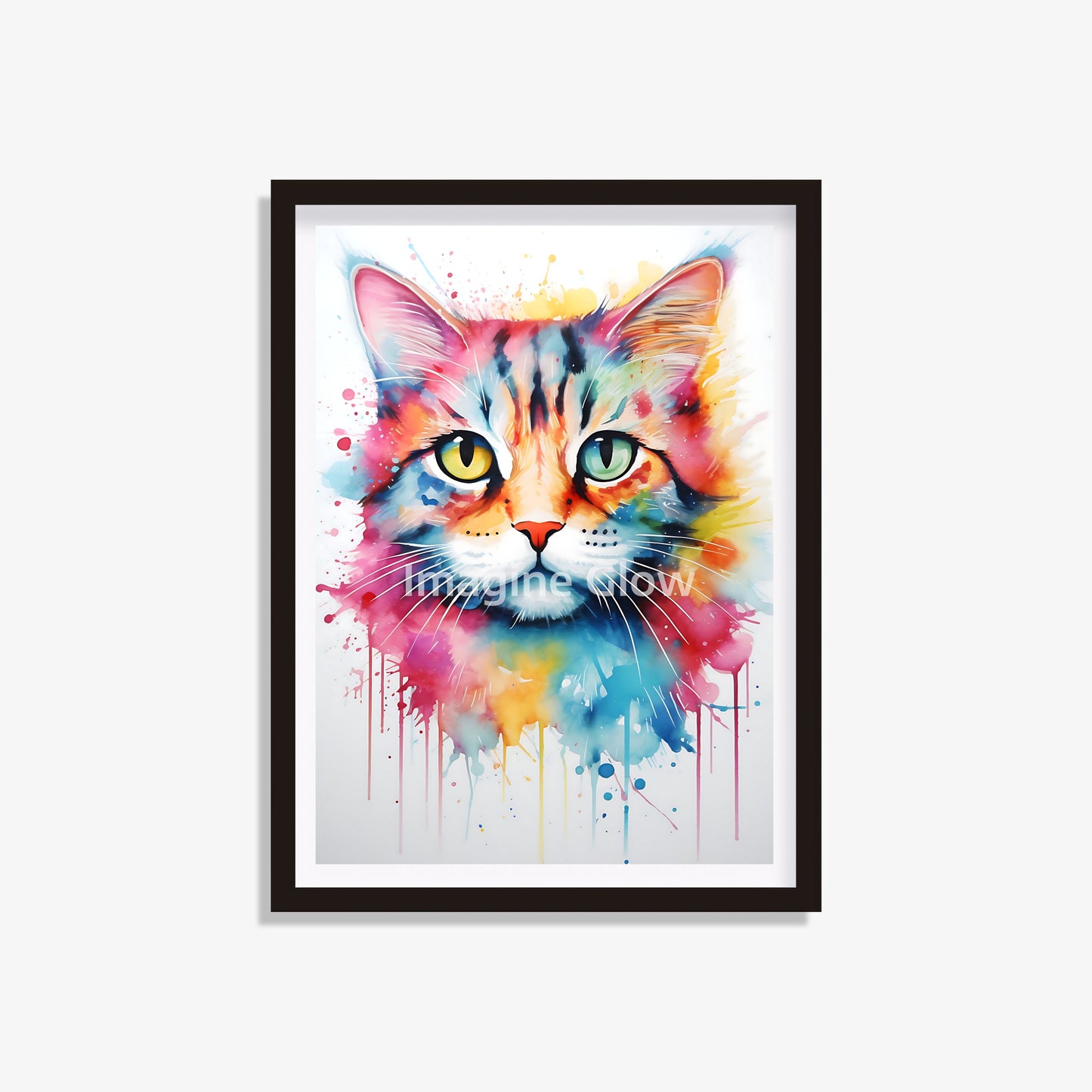 Watercolor cat art print showcasing a colorful feline illustration