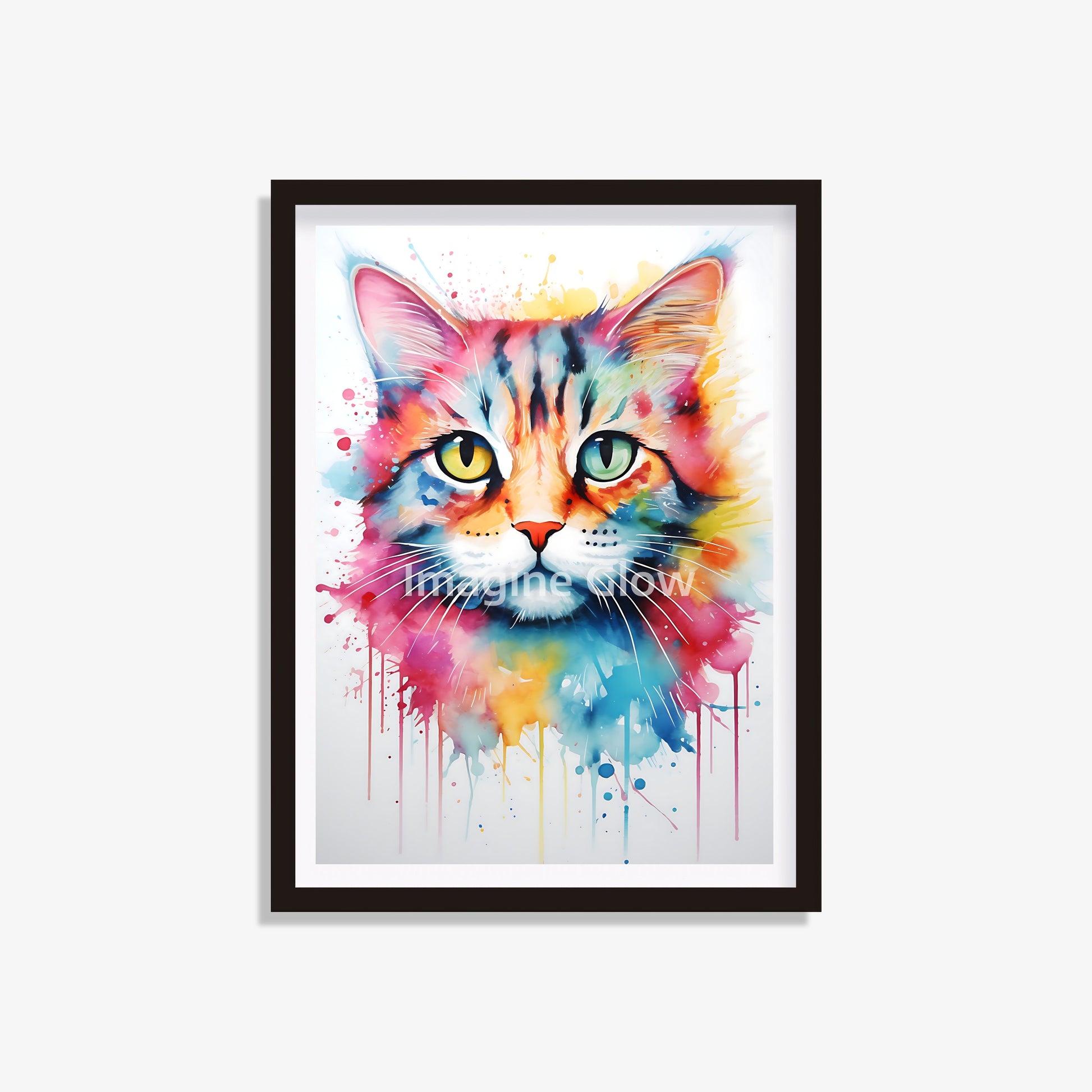 Watercolor cat art print showcasing a colorful feline illustration