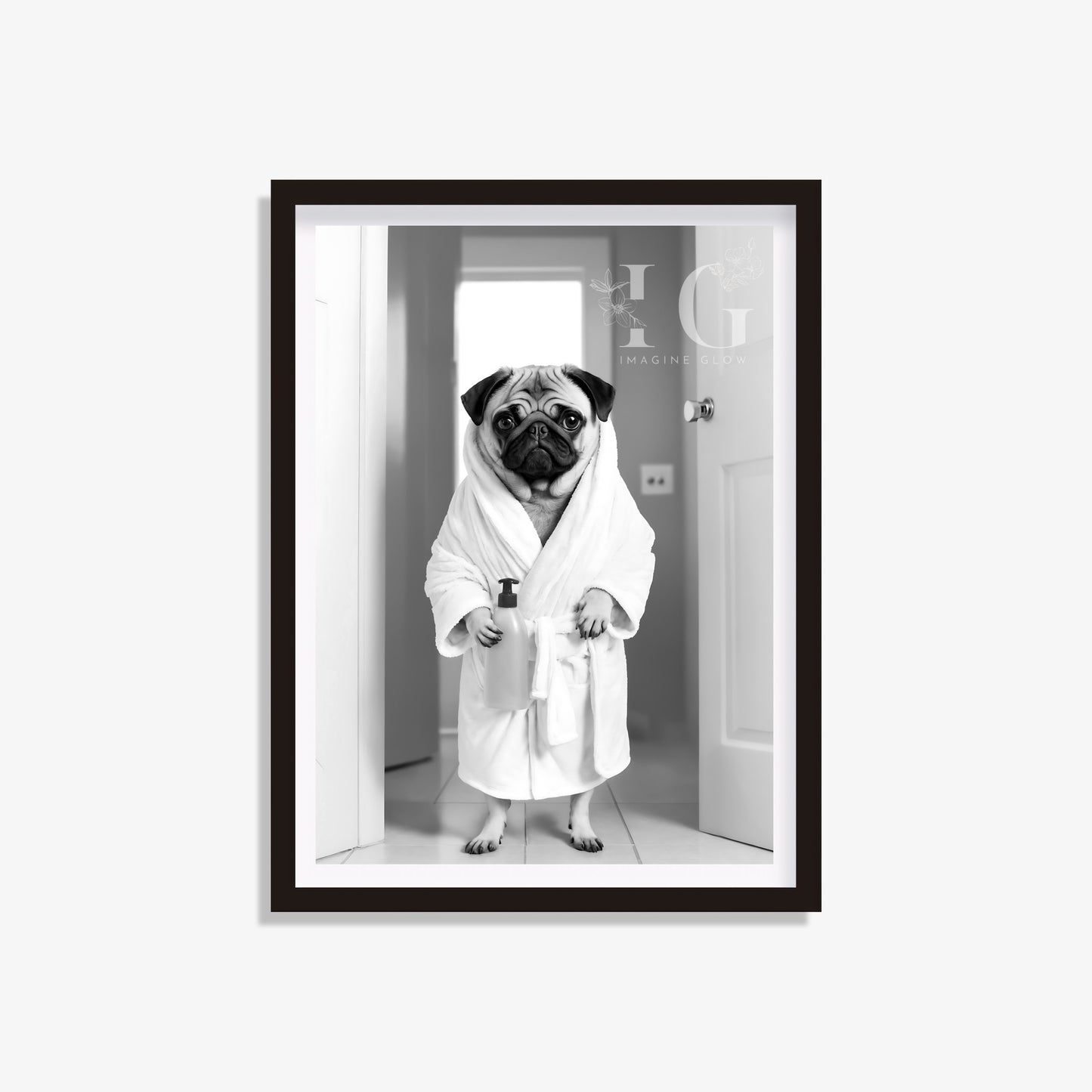 Pug dog in bathrobe printable featuring a cute pug illustration