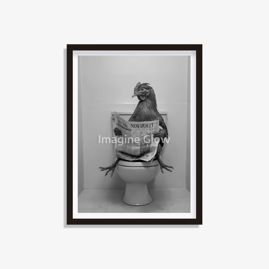 Playful printable of a hen perched in a toilet for quirky decor