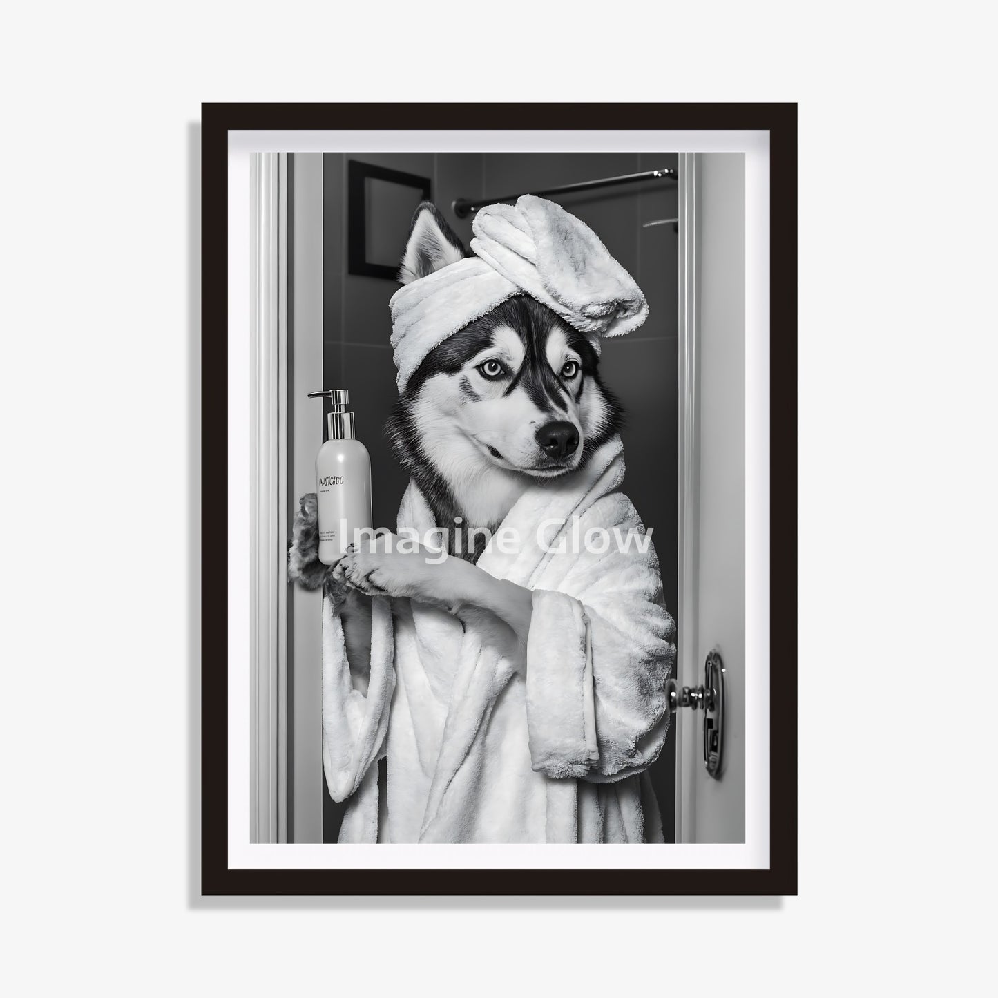 Husky dog in toilet black and white artwork