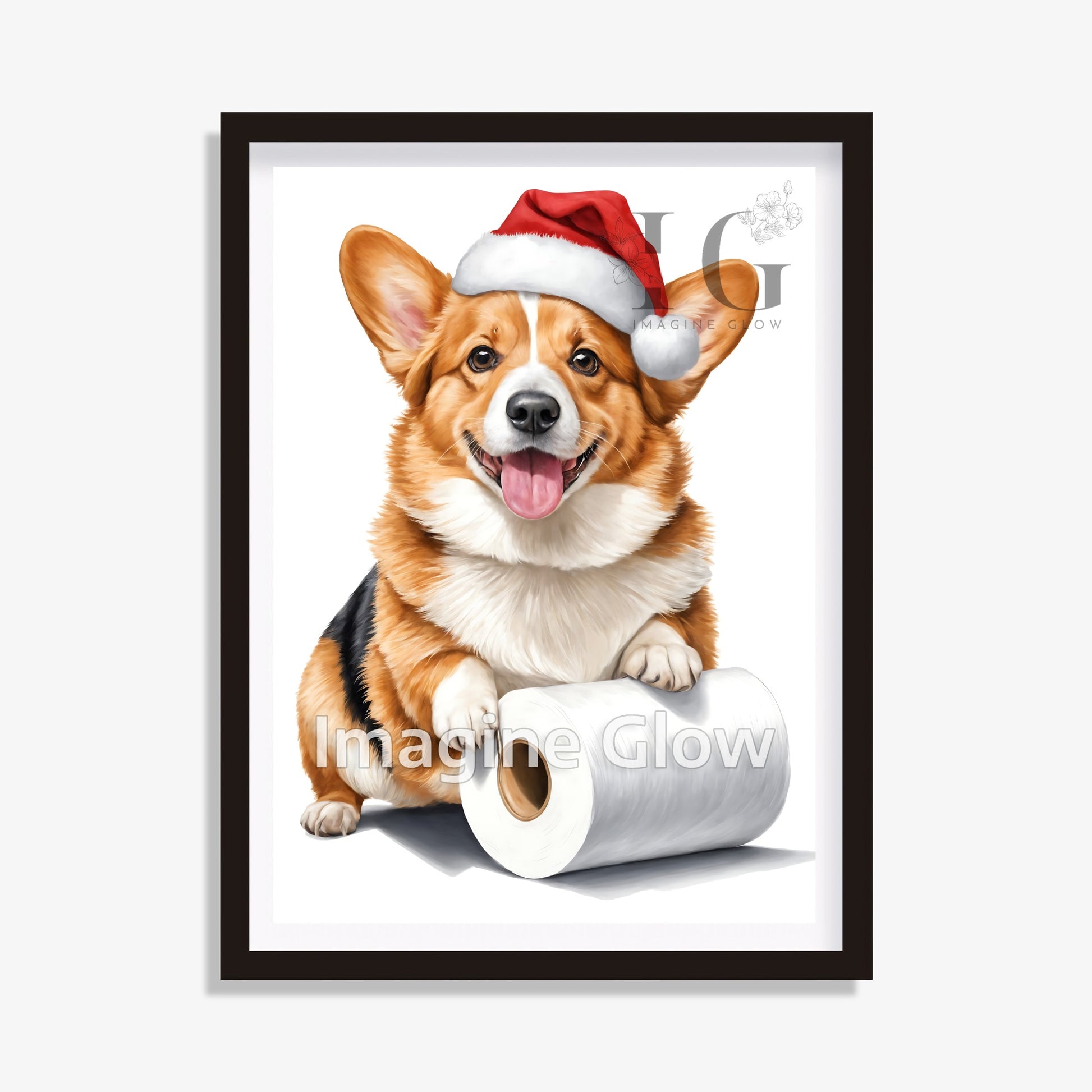 Welsh Corgi dog in toilet Christmas printable wall art for bathroom decor.