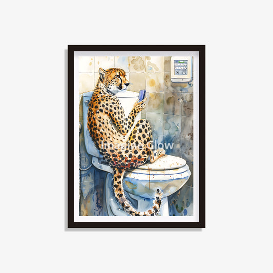 Printable bathroom wall art featuring a cheetah in the toilet