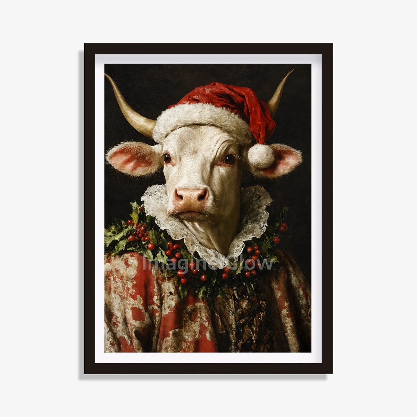 Renaissance cow portrait in festive attire, ideal for Christmas-themed printable wall art.