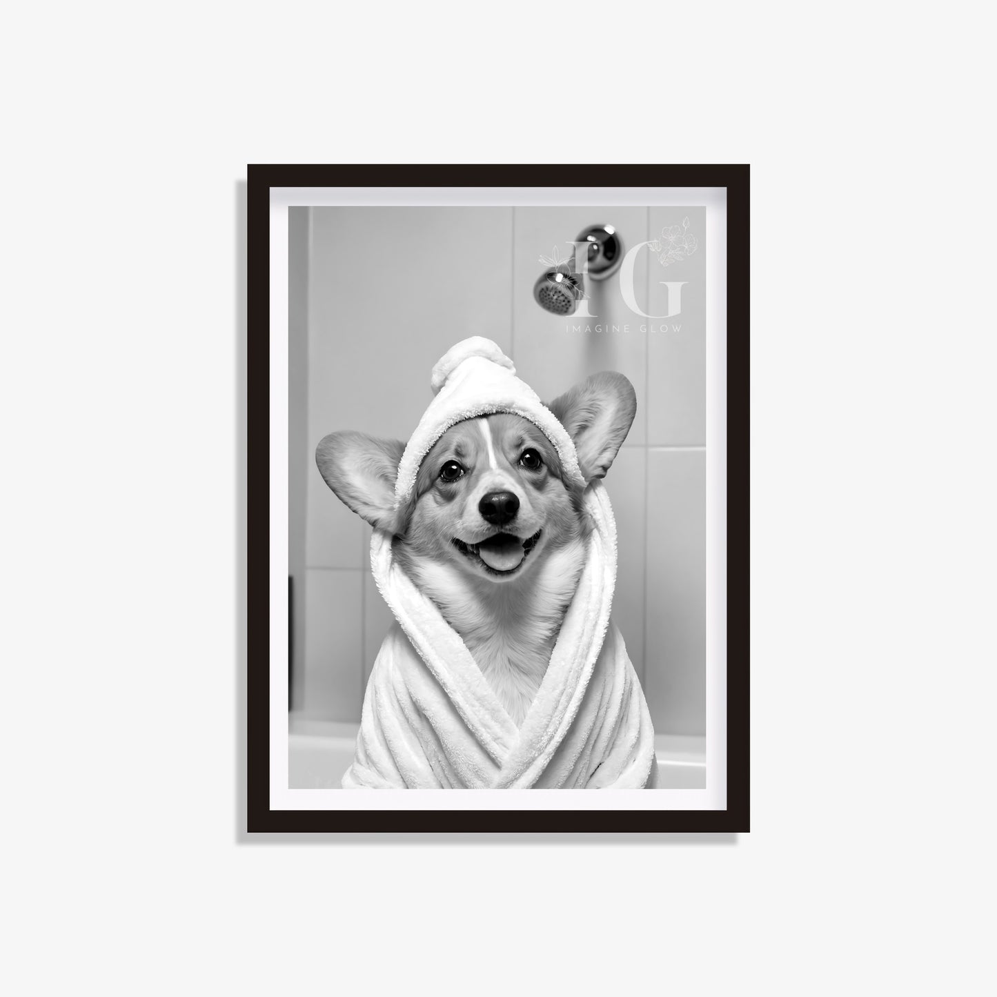 Welsh Corgi dog in bathrobe printable for fun bathroom decor